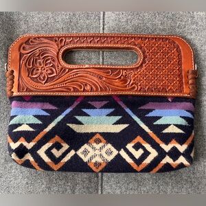 Western Skies Handmade Pendleton Clutch with Beautiful Leather Tooling